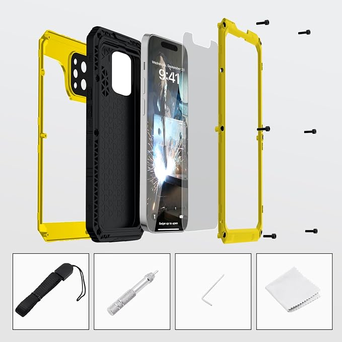 Mitywah Waterproof Case for iPhone 14 Pro, Heavy Duty Shockproof Case with Built-in Screen Protector, Full Body Underwater Protective Metal Case 6.1 inch, Yellow