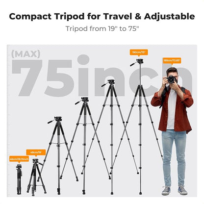 K&F CONCEPT Camera Tripod, 75" Lightweight Portable Travel Outdoor DSLR Tripods for Camera Phone Video Recording Tripod Stand, Cellphone Clip for Smartphone Live Streaming Vlog, Dark Grey