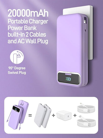 Nusyddy Portable Charger 20000mAh 22.5W w/Built-in Cables & Wall Plug Purp. | 22.5W Fast Charging, High Capacity, LED Display, Charge 5 Devices at once, TSA Approved, Compatible with iPhone/iPad/Samsung