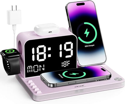 Acer 7-in-1 Wireless Charging Station with LED Clock - 30W Fast Wireless Charger for iPhone 16/15/14/13/12/Pro Max, Apple Watch, AirPods - Bluetooth Auto Time Sync & Night Lights (Purple)