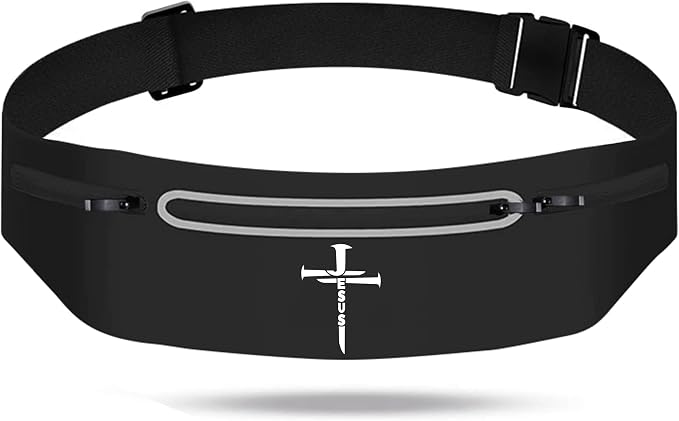 Jesus 3 Nail Crosses Slim Running Belts for Women,Black Waist Pack Bag with 3 Zipper Pockets,Christian Cross Fitness fanny packs for Men Adjustable,Reflective Jogging phone holder Waist Pack