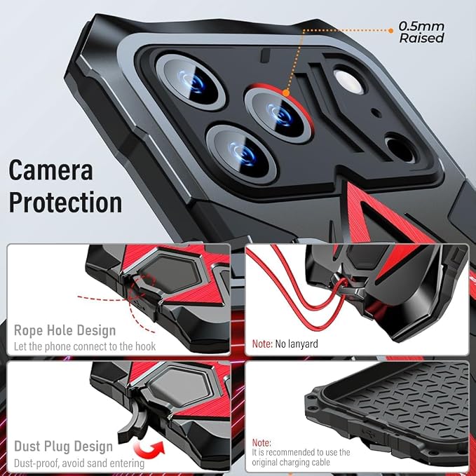 Armor Phone Case for iPhone 17 Pro Max Military Grade Cover 360 Full Protection Heavy Duty Hybrid Metal Bumper Built-in Silicone Shockproof with Screen Protector - Black + Red