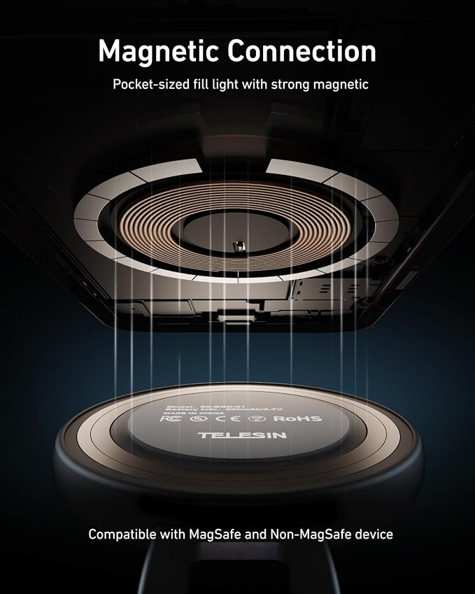 TELESIN C03 Magnetic Selfie Light, Phone Light Compatible with iPhone Magsafe, CRI97 360° LED Selfie Ring Fill Light with Mirror for Selfies/Photography/TikTok/Zoom Calls/Video Conference