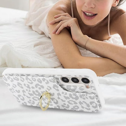 Lipvina for Samsung Galaxy S22 Case with Card Holder and Strap for Women,Crossbody Lanyard,RFID Blocking,Ring Stand,Snap Clasp,Cute Phone Wallet Cases 6.1 inch(White Leopard)