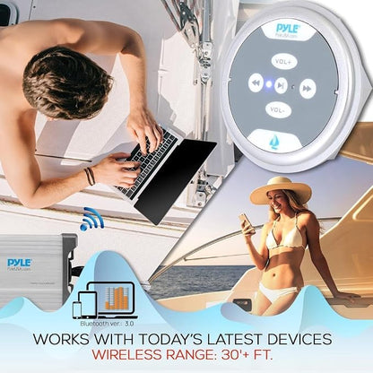 Waterproof Bluetooth Marine Amplifier Receiver - Weatherproof 2 Channel Wireless Amp for Stereo Speaker with 600 Watt Power, Wired RCA, AUX and MP3 Audio Input Cable - Pyle PLMRMBT5S (Silver)
