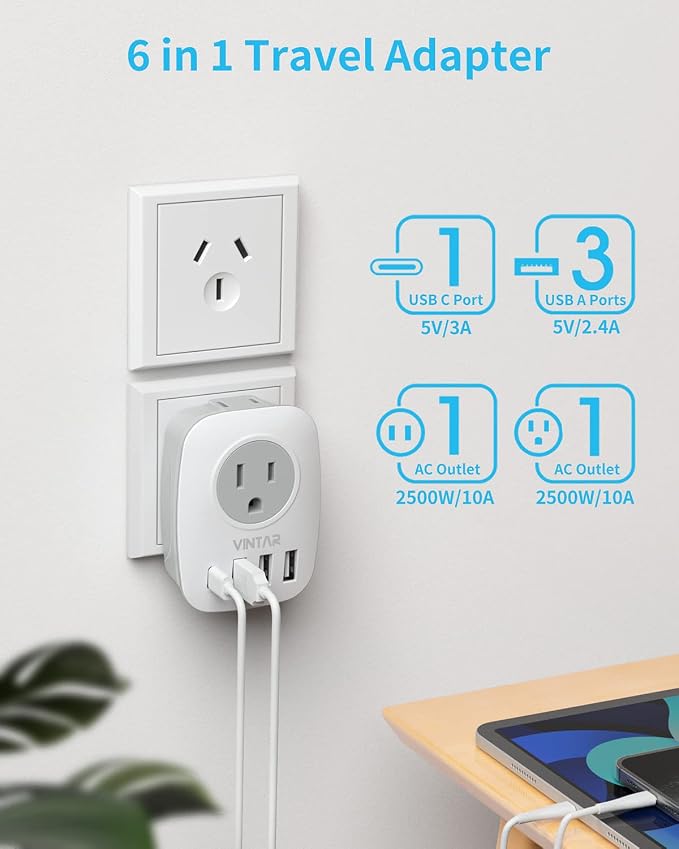 2 Pack Australia New Zealand Power Plug Adapter, VINTAR Australia Travel Adapter with 1 USB C,3 USB Ports and 2 American Outlets, 6 in 1 Type I Plug Adapter for US to Australia, Argentina, China