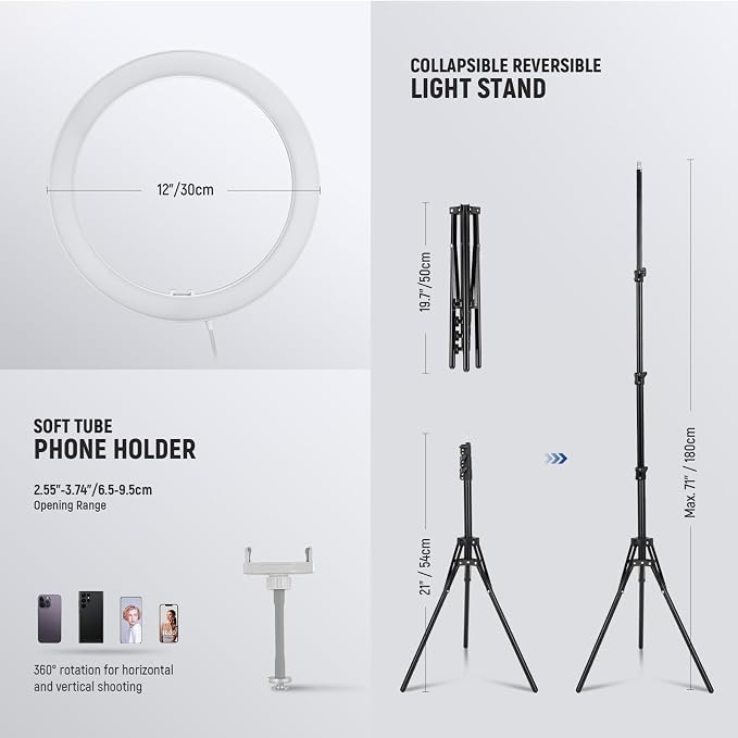 NEEWER RH12B Pro 12" 30W High Power LED Ring Light with 71" Tripod Stand Compatible with iPhone, 3290lux Bi Color Selfie Circle Light Phone Holder for Video Recording Makeup Stream, 2900-7000K CRI97+