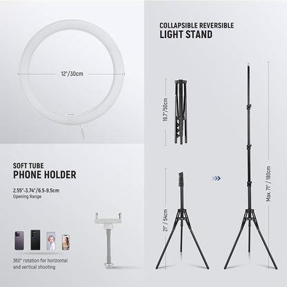 NEEWER RH12B Pro 12" 30W High Power LED Ring Light with 71" Tripod Stand Compatible with iPhone, 3290lux Bi Color Selfie Circle Light Phone Holder for Video Recording Makeup Stream, 2900-7000K CRI97+