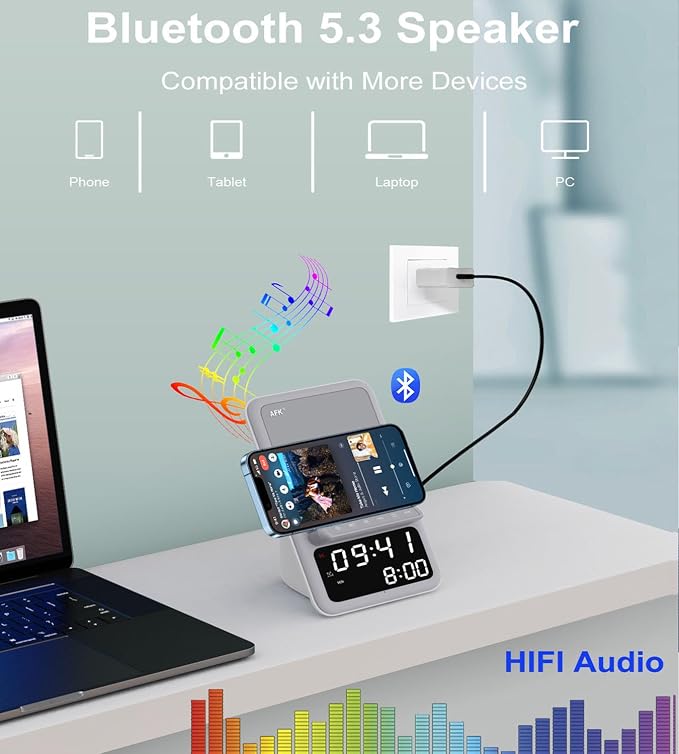AFK Wireless Charging Station with Bluetooth Speaker and Alarm Clock,Wireless Charger Compatible with iPhone,Android Phones (Gray-White)