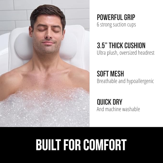 GORILLA GRIP Bath Pillow for Tub, 6 Strong Suction Cups, 4D Mesh FlexComfort Headrest for Neck, Head and Back Support, Luxury Machine Washable Pillows, Bathtub Accessories, Spa Gifts for Women, White