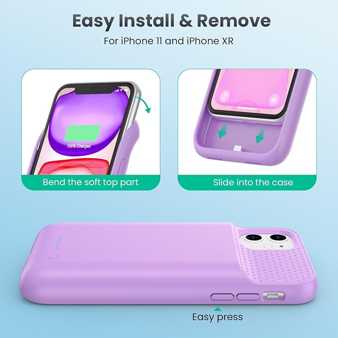 Battery Case for iPhone 11/XR, 7500mAh Ultra-Slim Portable Charging Case Rechargeable Protective Battery Pack for iPhone 11 and iPhone XR External Charger Case 6.1 Inch-Purple