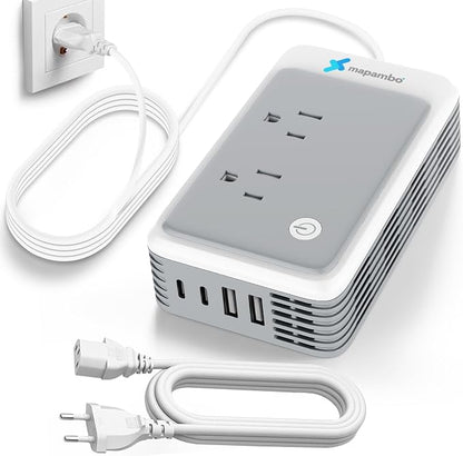 220V to 110V Voltage Converter US to Europe for Curling Iron and Hair Straighteners, Power Converter for European Travel Plug Adapter with 2 USB A & 2 USB C Ports (Grey)