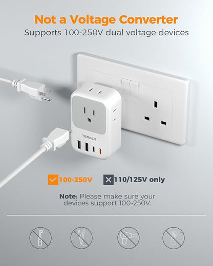 Type G Adapter for Travel 2 Pack, TESSAN PD 20W US to UK Plug Adapter with 4 AC Outlets 4 USB Ports (2 USB C), Ireland Power Adaptor for USA to England London British Scotland Dubai Hong Kong Kenya