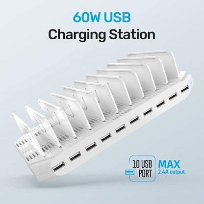 【5PCS】 Unitek Multi Charging Station, 10-Port USB Charger for Multiple Device with SmartIC Tech and Adjustable Dividers, Organizer Stand Compatible with iPad, Tablet, Kindle, iPhone - 5PCS, White