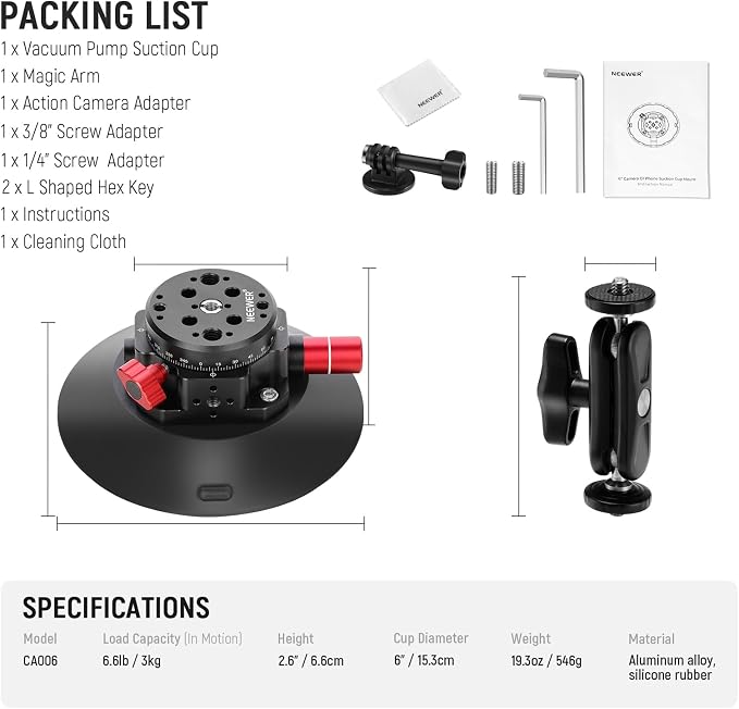 NEEWER 6" Suction Cup Camera Mount Compatible with GoPro, Metal Car Windshield Dash Ball Head Magic Arm with Action Cam Adapter Cleaning Cloth for DSLR Phone Holder, for POV Video Recording, CA013