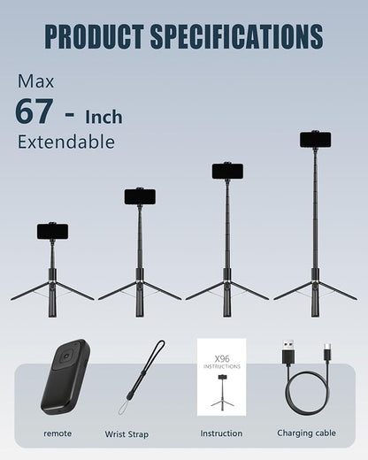 Automatic Phone Tripod, 67’’ Auto-Deploy Selfie Stick Tripod with Remote - 360° Rotatable Extendable - Portable Phone Tripod Stand for Video Recording on iPhone Android