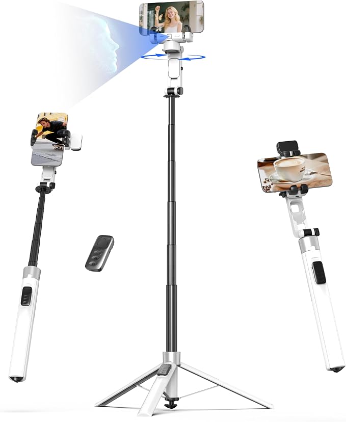 Auto Face Tracking Selfie Stick Tripod for iPhone with Light 360 Rotation That Follows Your Movement 70.9" Camera Tripod Stand with Remote for Content Creator Vlog Live Stream Video Recording