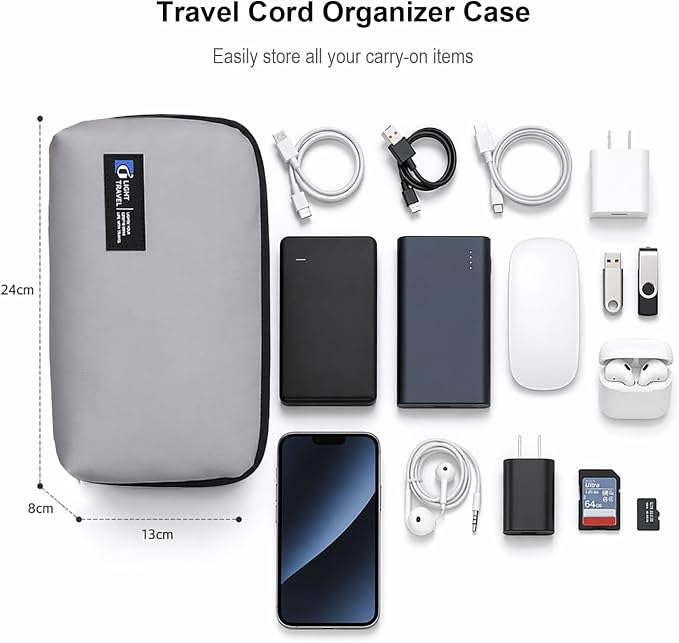 Tech Pouch,Travel Cord Rrganizer Case,Waterproofing Data Cable Storage Bag，9inches*5inches,For Charger, Cables, USB Drive,Phone,Power Bank,MemoryCard(Grey)