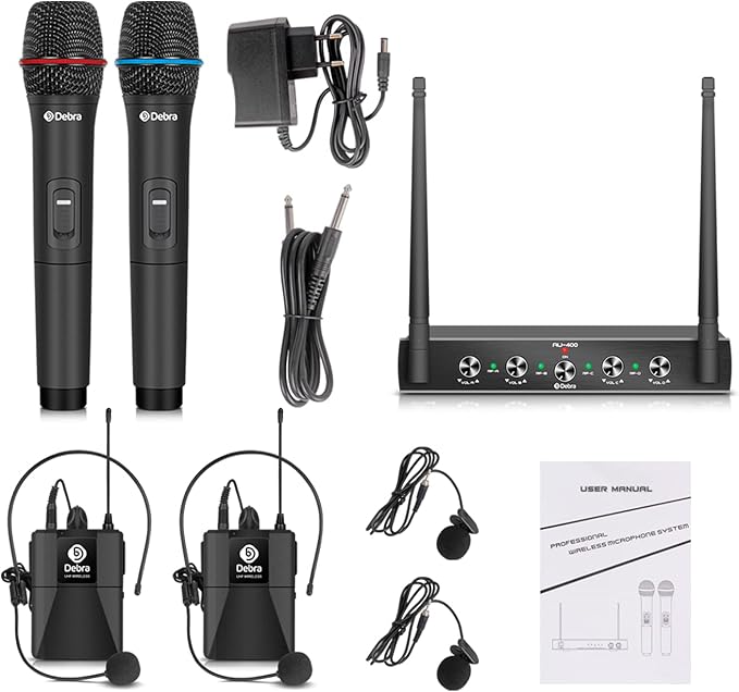 Debra Audio Pro UHF 4 Channel Wireless Microphone System with Cordless Handheld Lavalier Headset Mics, Metal Receiver, Ideal for Karaoke Church Party (with 2 Handheld & 2 Bodypack (B))