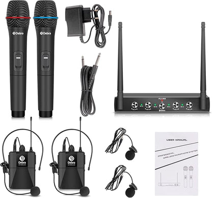 Debra Audio Pro UHF 4 Channel Wireless Microphone System with Cordless Handheld Lavalier Headset Mics, Metal Receiver, Ideal for Karaoke Church Party (with 2 Handheld & 2 Bodypack (B))
