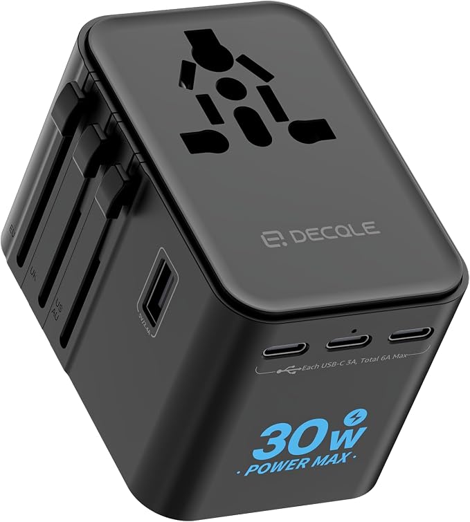 Universal Travel Adapter, International Travel Plug Adapter with 3 USB-C ＆ 2 USB-A Ports(Total 30W), All in One Portable Adaptor, for USA, UK, EU, AU ＆ 224+ Countries (Black)