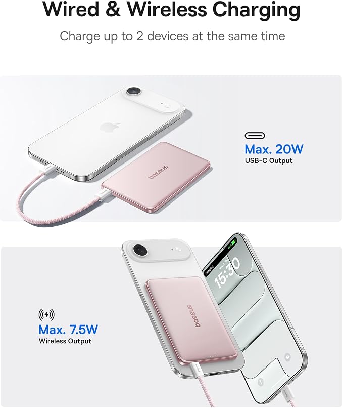 Baseus Picogo Power Bank, 0.3" Ultra Slim 5000mAh MagSafe Battery Pack, Update Polished Alloy Magnetic Portable Charger, Wireless Charger with USB-C Cable for iPhone 17 Pro Max/17 Air/16/15/14/13/12