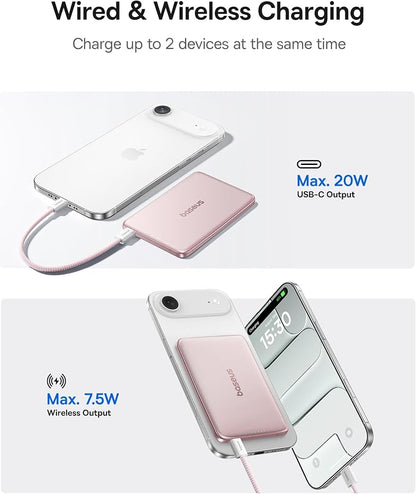 Baseus Picogo Power Bank, 0.3" Ultra Slim 5000mAh MagSafe Battery Pack, Update Polished Alloy Magnetic Portable Charger, Wireless Charger with USB-C Cable for iPhone 17 Pro Max/17 Air/16/15/14/13/12