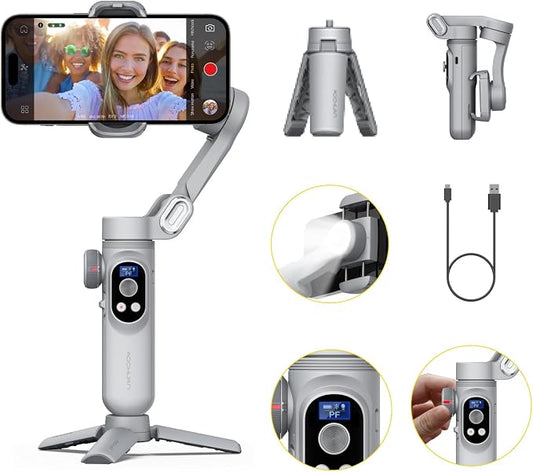 AOCHUAN Gimbal Stabilizer for Smartphone, 3-Axis Portable iPhone Gimbal w/OLED Display for iPhone/Andriod, Phone Gimbal with Face/Object Tracking for Tiktok YouTube Vlog-Smart X Pro Gray