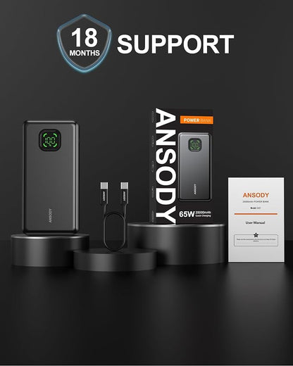 65W Power Bank, 25000mAh Travel Essential USB C Laptop Portable Charger, 100W Total Fast Charging Battery Pack for MacBook Dell XPS iPad Tablet Steam Deck iPhone 17-12 Series Samsung Switch and More