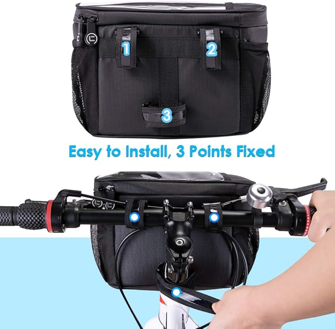 WOTOW Bike Handlebar Insulated Bag, Bike Front Phone Bag Cooler Storage Pouch With TPU Touch Screen Insulation Bicycle Frame Bag Strap On Cycling Accessories for Outdoor Hiking Travel Assistants