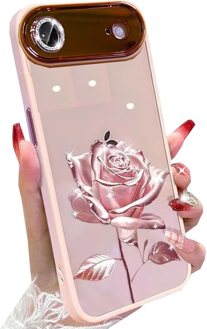 for iPhone Air Fairy Rose Clear Case, Cute Flower Floral with Glitter Bling Sparkly Camera Lens Protector TPU Bumper Shockproof Women Girls Protective Phone Cover for iPhone 17 Air 6.5", Pink