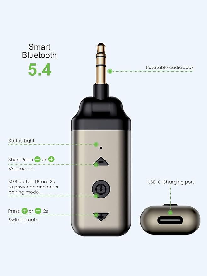 Air88 Bluetooth 5.4 Aux Adapter, 180° Swivel 3.5mm Jack Receiver for Car Home Stereo, Handsfree Calls, 12 Hours Battery, HiFi Sound, Solid Metal Case