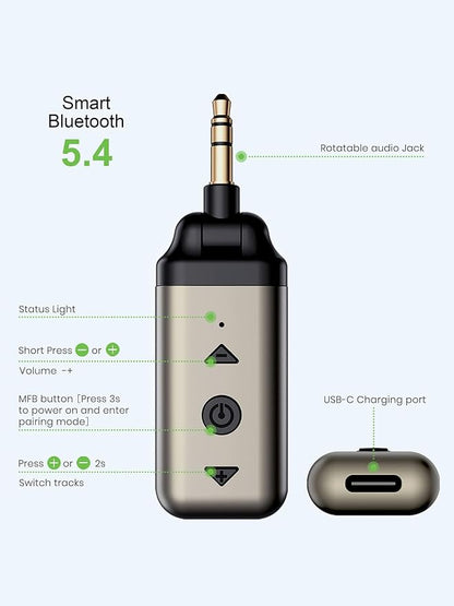 Air88 Bluetooth 5.4 Aux Adapter, 180° Swivel 3.5mm Jack Receiver for Car Home Stereo, Handsfree Calls, 12 Hours Battery, HiFi Sound, Solid Metal Case