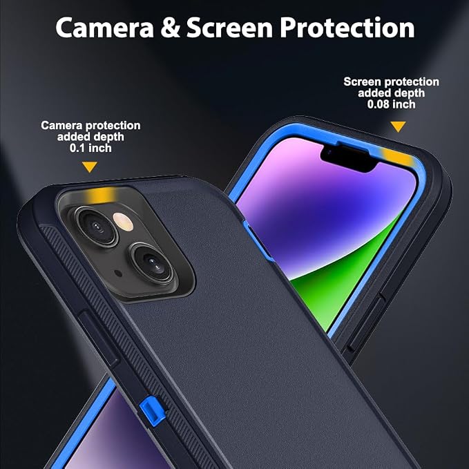 for iPhone 14 Plus Case with 2Pcs Tempered Glass Screen Protector and 1Pcs Camera Lens Protector, Military Grade 3 in 1 Heavy Duty Shockproof/Drop Proof/Dust Proof Case (Navy Blue)