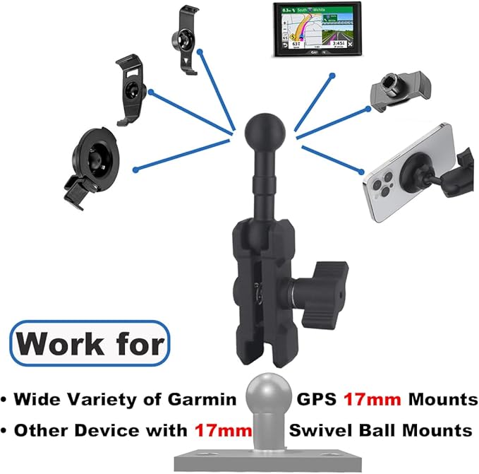 17mm Ball Mount Extension Adapter, 360° Rotation Extension Rod for Jeep Car Air Vent Dashboard 17mm Phone Holder, Compatible with Garmin GPS Mount, Aluminum