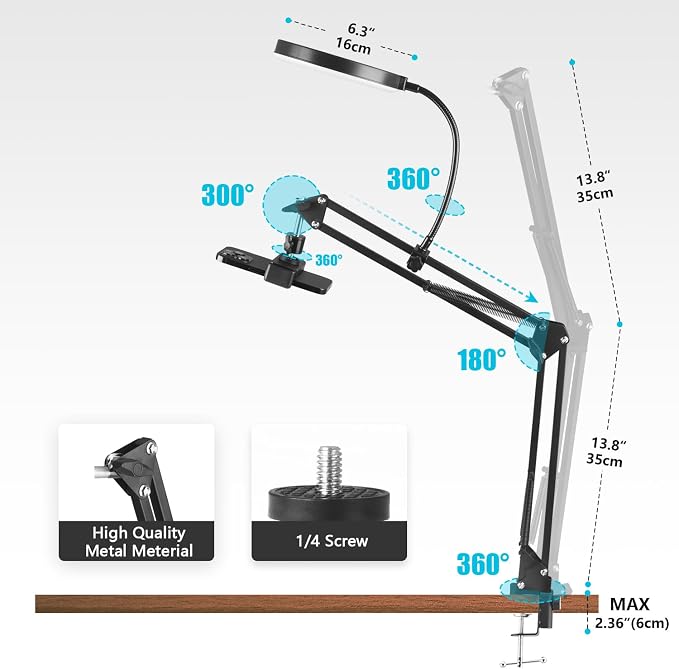 6" LED Ring Light for Desk, Overhead Camera Mount with Ring Light and Phone Holder, Overhead Phone Mount Arm Stand Studio Lights for Photography, Video Recording, Live Stream