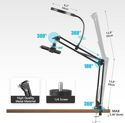 6" LED Ring Light for Desk, Overhead Camera Mount with Ring Light and Phone Holder, Overhead Phone Mount Arm Stand Studio Lights for Photography, Video Recording, Live Stream