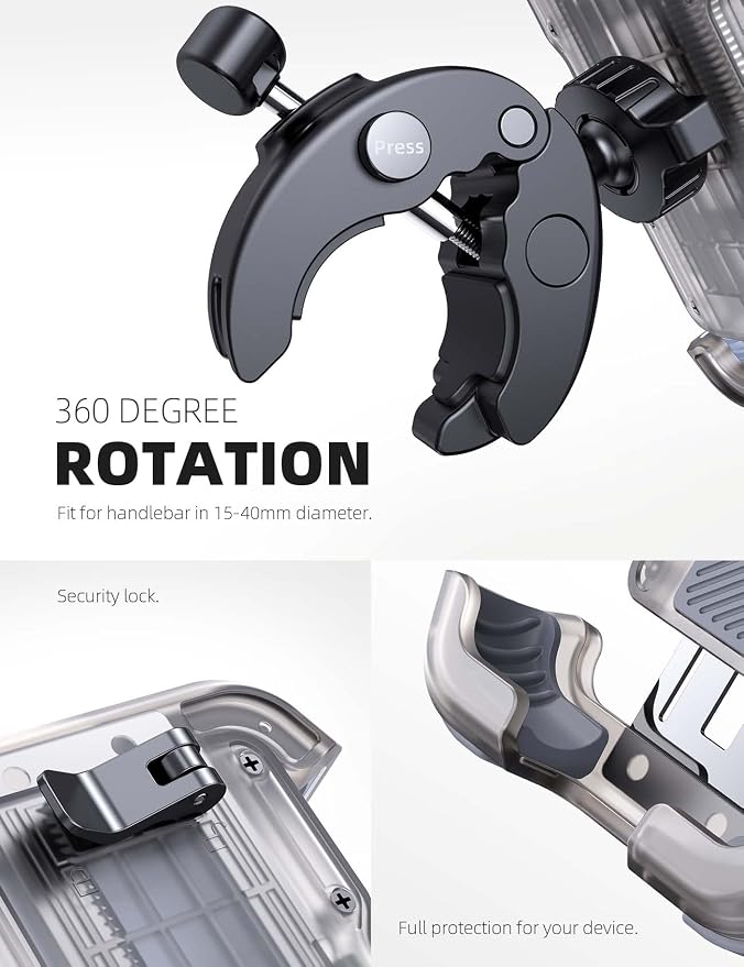 Lamicall Motorcycle Phone Mount, Bike Phone Holder - Upgrade Quick Install Handlebar Clip for Bicycle Scooter, Cell Phone Clamp for iPhone 17 16 15 Pro Max, Galaxy, 4.7-6.8" Phones, Transparent Gray