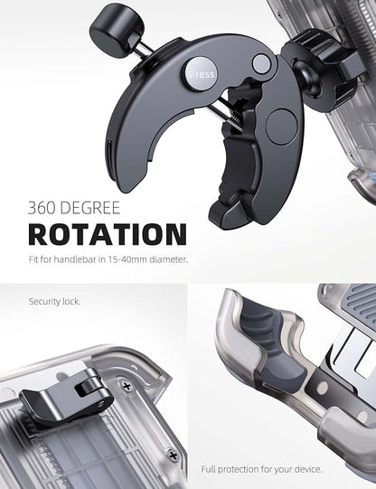 Lamicall Motorcycle Phone Mount, Bike Phone Holder - Upgrade Quick Install Handlebar Clip for Bicycle Scooter, Cell Phone Clamp for iPhone 17 16 15 Pro Max, Galaxy, 4.7-6.8" Phones, Transparent Gray