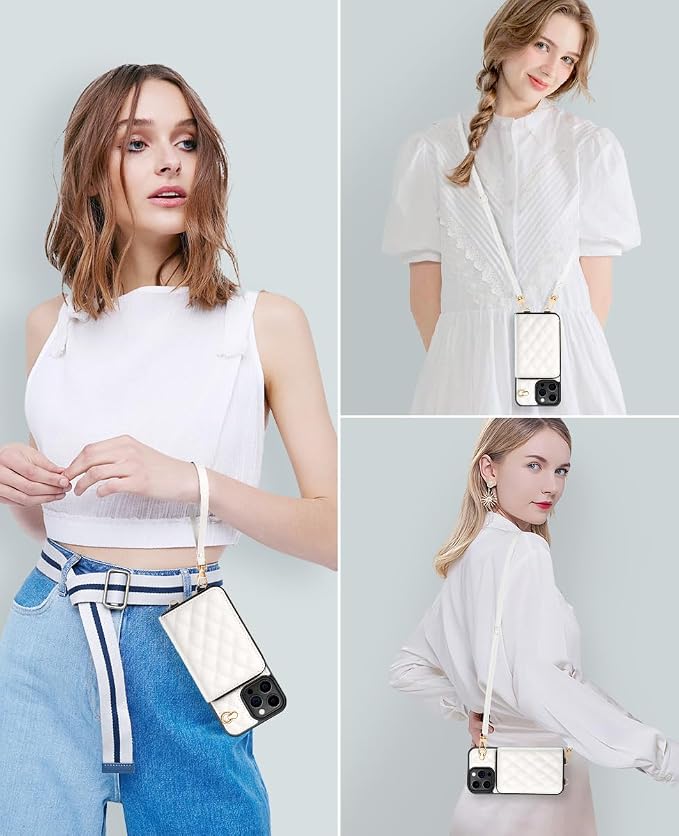OCASE Compatible with iPhone 16 Pro Crossbody Wallet Case with Card Holder, PU Leather Zipper Handbag Phone Purse with RFID Blocking Kickstand Wrist Strap Lanyard 6.3 Inch, Diamond Check Cream