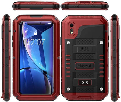 Mitywah Waterproof Case for iPhone XR, Heavy Duty Military Grade Shockproof Case with Built-in Screen Protector, Full Body Underwater Protective Metal Case 6.1 inch, Red