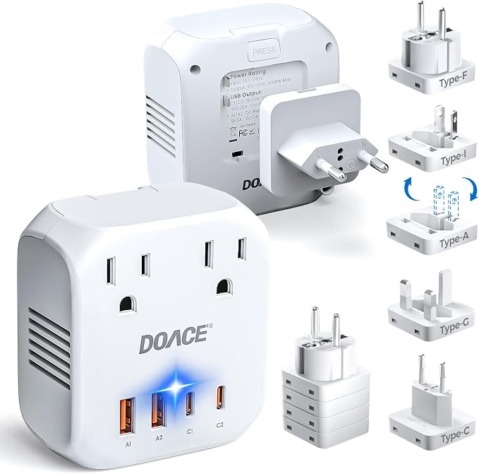 Upgraded 2000W Voltage Converter US to Europe for Hair Dryer - 220V to 110V Converter for European Travel, Power Converter Adapter Combo with 2 PD/QC & UK/AU/US/IT/European Travel Plug Adapters