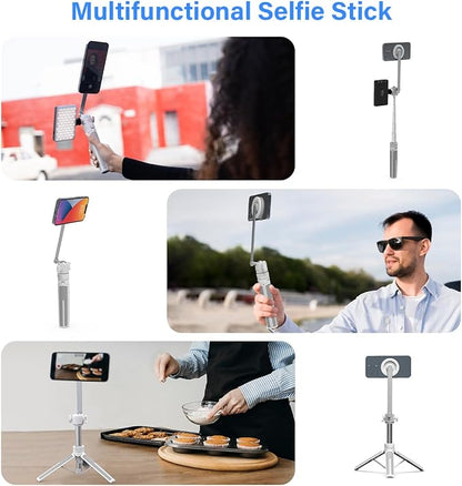 PHOPIK 35" Magnetic Selfie Stick Phone Tripod, Extendable Phone Tripod with Cold Shoe and Remote,Compatible with iPhone/Android/Sport Camera Perfect for Video Recording/Selfies/Insta360 x5（White）