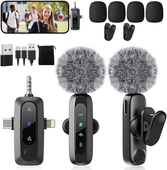 Mini Microphone,3 in 1 Wireless Lavalier Microphones for iPhone/iPad/Android/Camera(Lightning/USB/3.5 mm Jack),2 LED Display Bluetooth Microphone Mute/Noise for Video Recording Vlog,Youtube, Tiktok