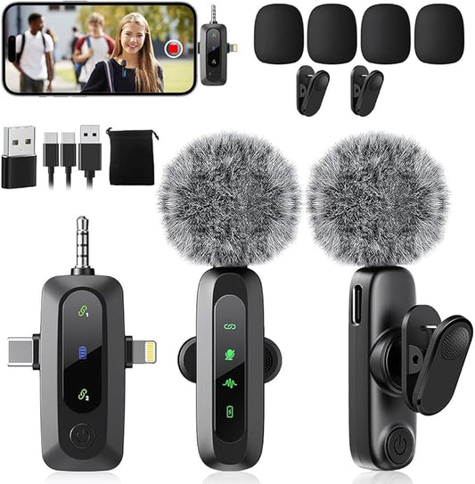 Mini Microphone,3 in 1 Wireless Lavalier Microphones for iPhone/iPad/Android/Camera(Lightning/USB/3.5 mm Jack),2 LED Display Bluetooth Microphone Mute/Noise for Video Recording Vlog,Youtube, Tiktok