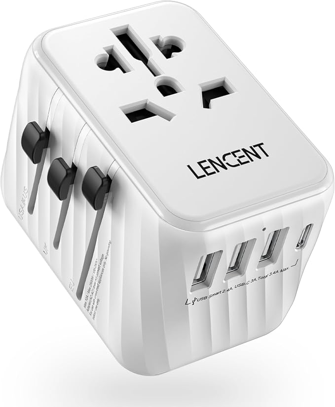 LENCENT Universal Travel Power Adapter, International AC Plug Adaptor | with 3 USB A Ports 1 Type C PD Wall Charger Worldwide Travel Essentials for US to EU UK Ireland Australia (Type C/G/A/I)White