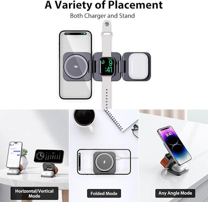 KU XIU Fast Wireless Charger, Magnetic Foldable 3 in 1 Charging Station for iPhone 16/15/14/13/12/Pro/Plus/Pro Max, 5W Portable Charger for Apple Watch9/8/7/6/5/4/3/SE, for Airpods3/2/Pro-Gray