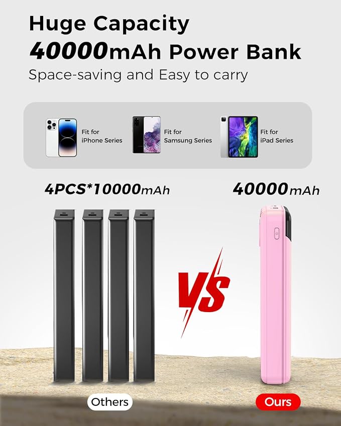 Portable Charger 40000mAh Power Bank, PD 22.5W Fast Charging | Built-in Cable, 4 Output 3 Input, Digital Display, Compatible with iPhone 17 16 15 14 13 Android