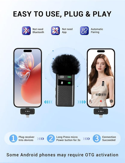 Kairiyard Wireless Mini Lavalier Microphone for iPhone iPad Android Phone, Noise Reduction, 25H Battery Charging Case, Plug and Play Magnetic Clip on Lapel Mic for Video Recording Podcast Vlogging