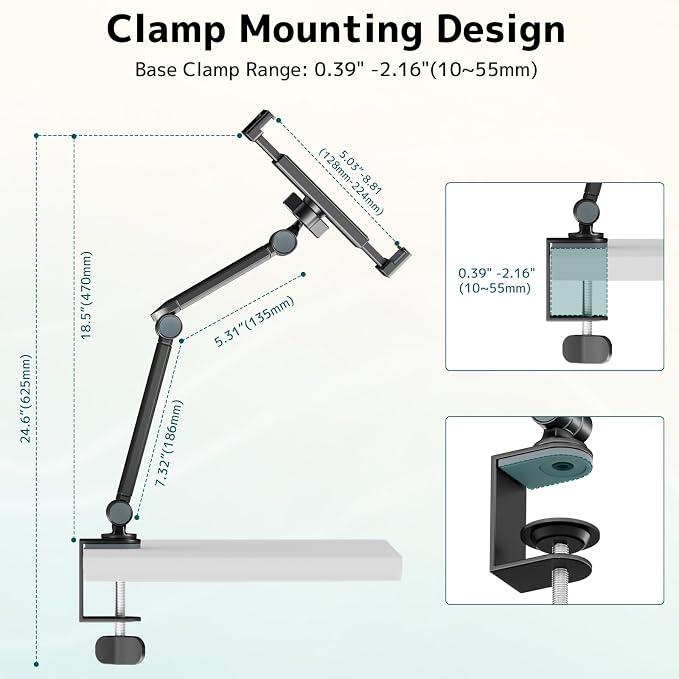 Tablet Stand Holder for Desk, Portable Phone Tablet Holder for ipad with 360° Rotation,Adjustable Arm Clamp Mount Compatible with 4.7"-12.9" iPad, iPhone, Kindle, Black